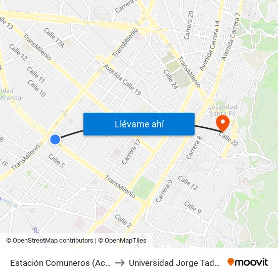 Estación Comuneros (Ac 6 - Ak 30) to Universidad Jorge Tadeo Lozano map