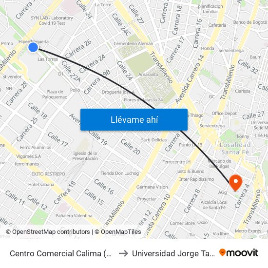 Centro Comercial Calima (Ac 22 - Kr 29a) to Universidad Jorge Tadeo Lozano map
