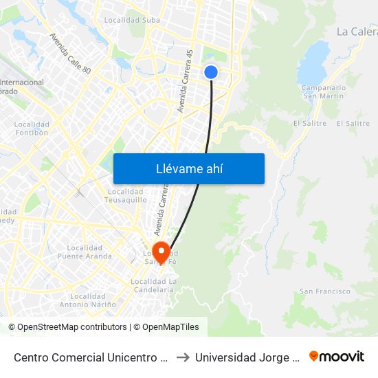 Centro Comercial Unicentro (Ak 15 - Cl 124) (B) to Universidad Jorge Tadeo Lozano map