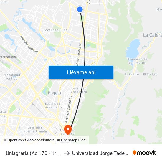 Uniagraria (Ac 170 - Kr 54a) (B) to Universidad Jorge Tadeo Lozano map