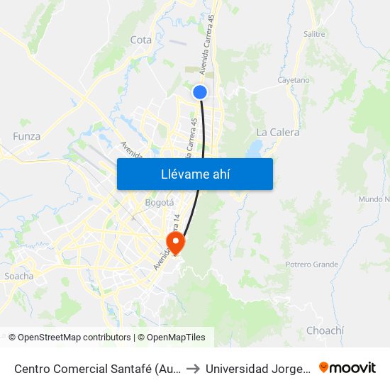 Centro Comercial Santafé (Auto Norte - Cl 187) (A) to Universidad Jorge Tadeo Lozano map