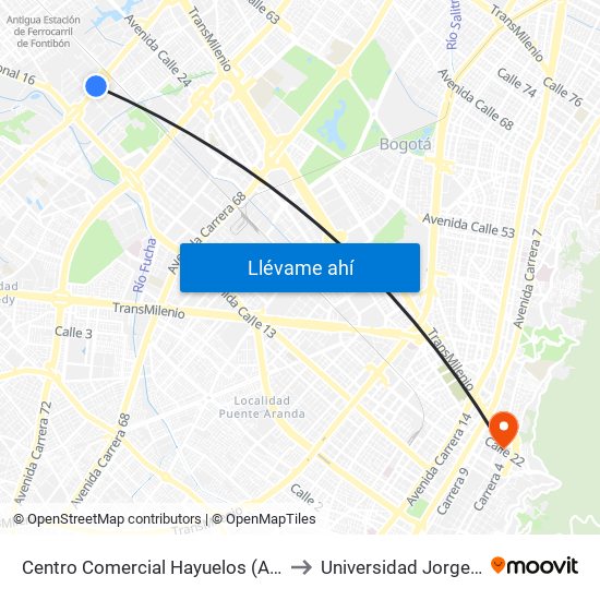 Centro Comercial Hayuelos (Av. C. De Cali - Cl 20) (A) to Universidad Jorge Tadeo Lozano map