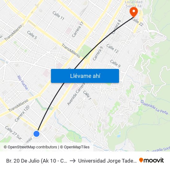 Br. 20 De Julio (Ak 10 - Cl 21a Sur) to Universidad Jorge Tadeo Lozano map