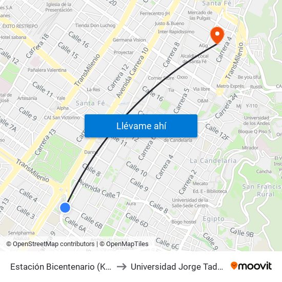 Estación Bicentenario (Kr 9 - Cl 6a) to Universidad Jorge Tadeo Lozano map