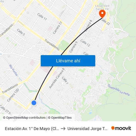 Estación Av. 1° De Mayo (Cl 17 Sur - Kr 9a) to Universidad Jorge Tadeo Lozano map