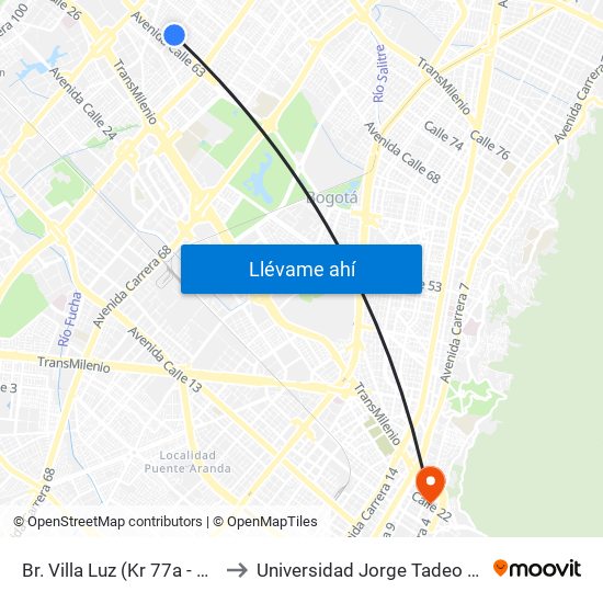 Br. Villa Luz (Kr 77a - Cl 63c) to Universidad Jorge Tadeo Lozano map