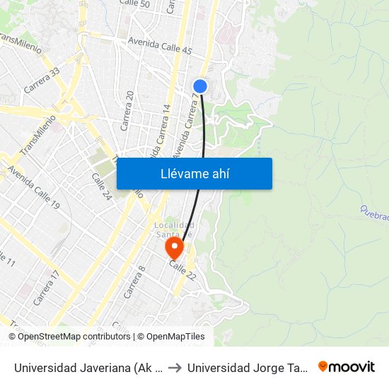 Universidad Javeriana (Ak 7 - Cl 40) (B) to Universidad Jorge Tadeo Lozano map