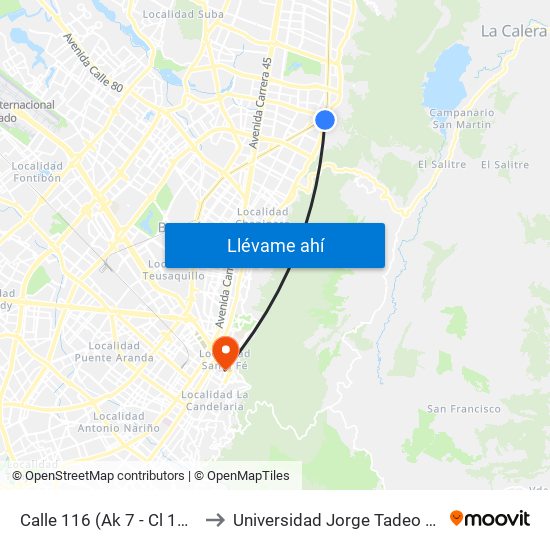 Calle 116 (Ak 7 - Cl 116) (A) to Universidad Jorge Tadeo Lozano map