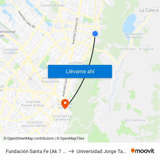 Fundación Santa Fe (Ak 7 - Cl 118) (B) to Universidad Jorge Tadeo Lozano map