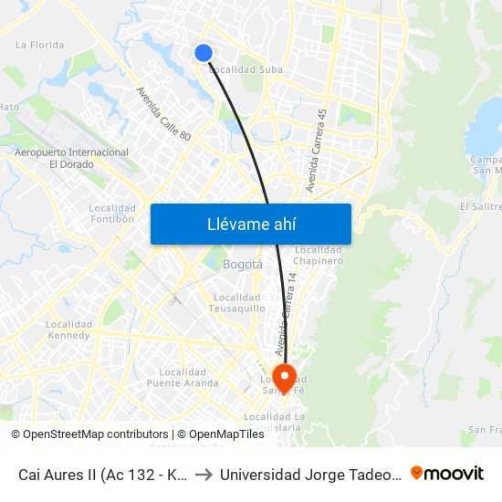 Cai Aures II (Ac 132 - Kr 103a) to Universidad Jorge Tadeo Lozano map