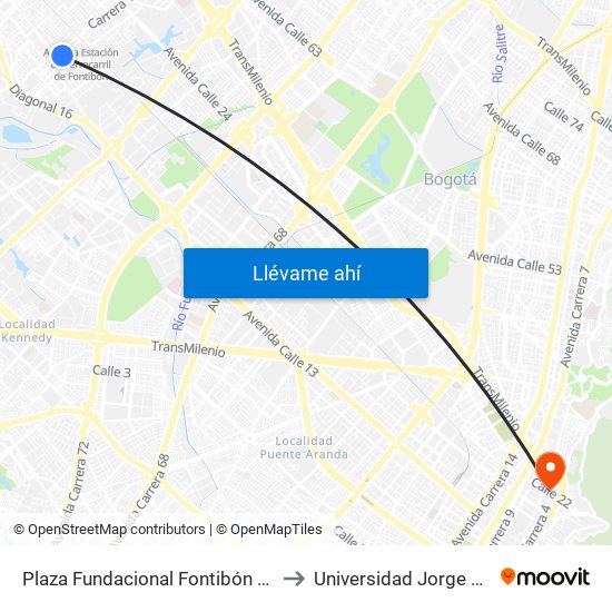 Plaza Fundacional Fontibón (Kr 99 - Cl 18a) (A) to Universidad Jorge Tadeo Lozano map