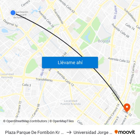 Plaza Parque De Fontibón Kr 100 (Kr 100 - Cl 17a) to Universidad Jorge Tadeo Lozano map