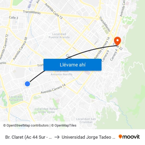 Br. Claret (Ac 44 Sur - Kr 26) to Universidad Jorge Tadeo Lozano map