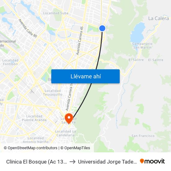 Clínica El Bosque (Ac 134 - Kr 7a) to Universidad Jorge Tadeo Lozano map