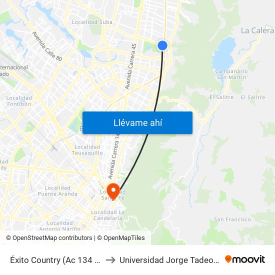 Éxito Country (Ac 134 - Kr 9b) to Universidad Jorge Tadeo Lozano map