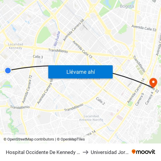 Hospital Occidente De Kennedy (Av. 1 De Mayo - Cl 40b Sur) (B) to Universidad Jorge Tadeo Lozano map