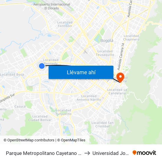 Parque Metropolitano Cayetano Cañizares (Av. A. Mejía - Cl 38 Sur) to Universidad Jorge Tadeo Lozano map