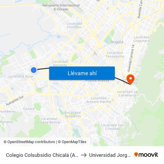 Colegio Colsubsidio Chicalá (Av. C. De Cali - Dg 52a Sur) to Universidad Jorge Tadeo Lozano map