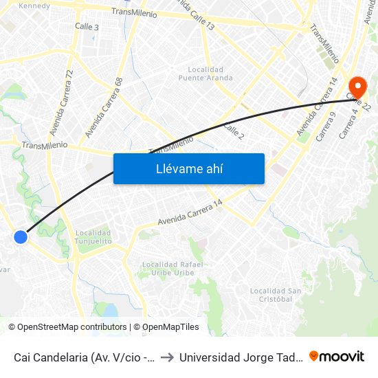 Cai Candelaria (Av. V/cio - Kr 43b) (A) to Universidad Jorge Tadeo Lozano map