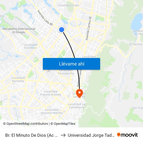 Br. El Minuto De Dios (Ac 80 - Kr 73b) to Universidad Jorge Tadeo Lozano map