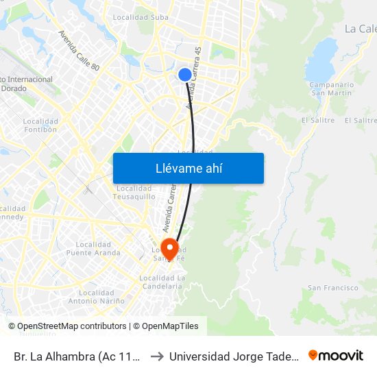 Br. La Alhambra (Ac 116 - Kr 50) to Universidad Jorge Tadeo Lozano map