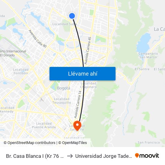 Br. Casa Blanca I (Kr 76 - Cl 146c) to Universidad Jorge Tadeo Lozano map