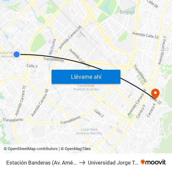 Estación Banderas (Av. Américas - Kr 78a) (A) to Universidad Jorge Tadeo Lozano map