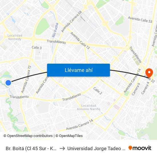 Br. Boitá (Cl 45 Sur - Kr 72m) to Universidad Jorge Tadeo Lozano map
