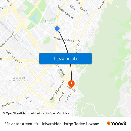 Movistar Arena to Universidad Jorge Tadeo Lozano map