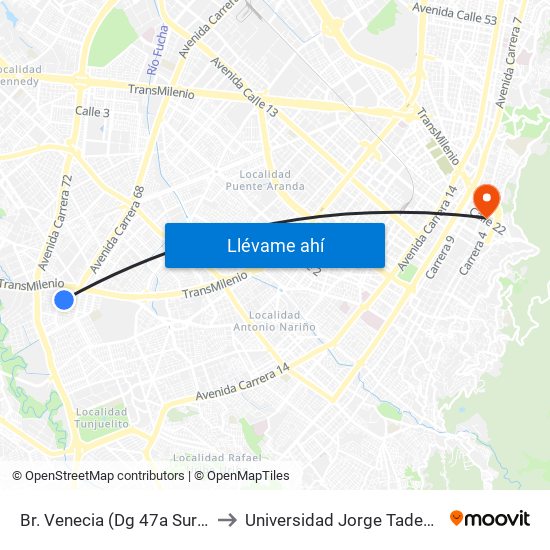 Br. Venecia (Dg 47a Sur - Kr 53) to Universidad Jorge Tadeo Lozano map