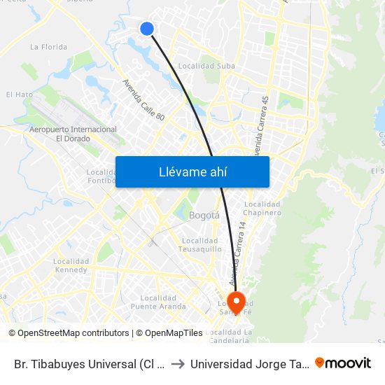 Br. Tibabuyes Universal (Cl 142 - Kr 129b) to Universidad Jorge Tadeo Lozano map