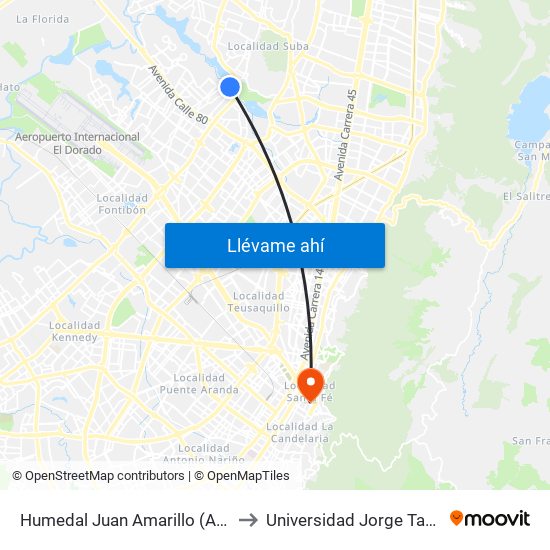 Humedal Juan Amarillo (Ak 91 - Cl 96a) to Universidad Jorge Tadeo Lozano map