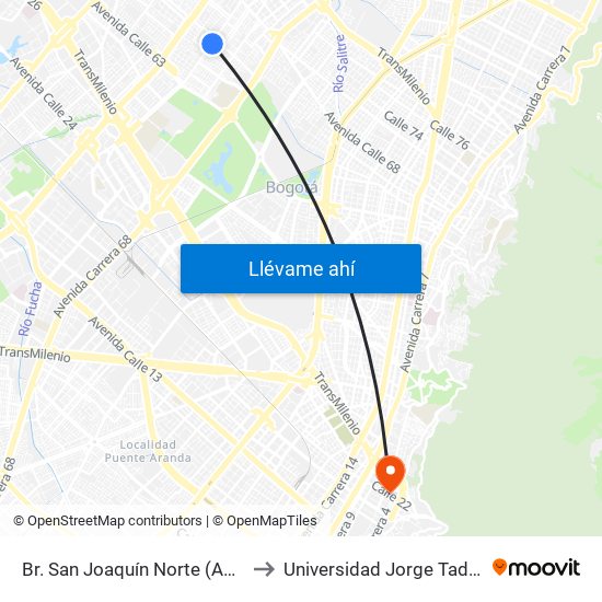 Br. San Joaquín Norte (Ak 70 - Cl 65) to Universidad Jorge Tadeo Lozano map