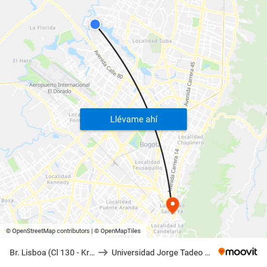 Br. Lisboa (Cl 130 - Kr 153) to Universidad Jorge Tadeo Lozano map