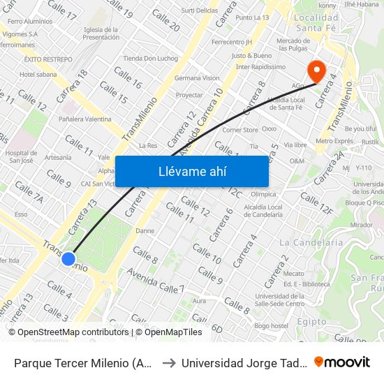 Parque Tercer Milenio (Ac 6 - Kr 12a) to Universidad Jorge Tadeo Lozano map