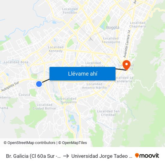 Br. Galicia (Cl 60a Sur - Kr 72) to Universidad Jorge Tadeo Lozano map