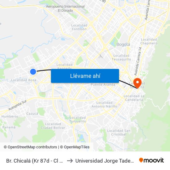 Br. Chicalá (Kr 87d - Cl 54c Sur) to Universidad Jorge Tadeo Lozano map