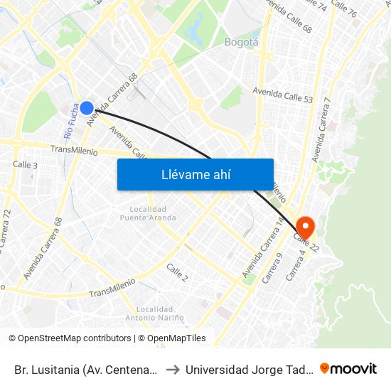 Br. Lusitania (Av. Centenario - Kr 68b) to Universidad Jorge Tadeo Lozano map