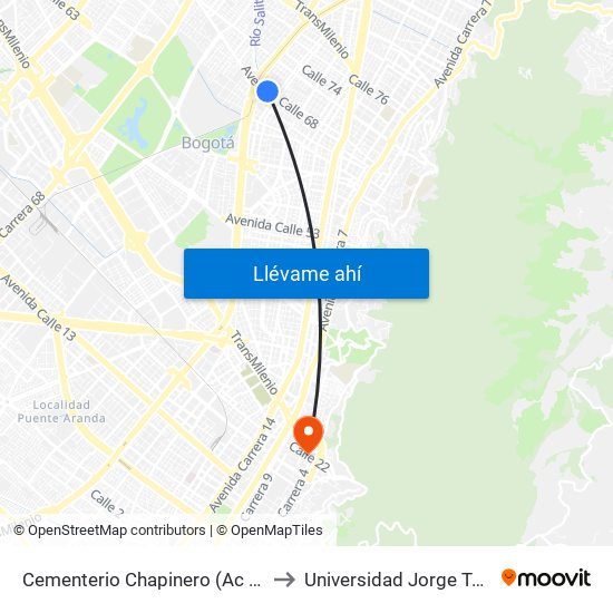 Cementerio Chapinero (Ac 68 - Kr 28b) (A) to Universidad Jorge Tadeo Lozano map
