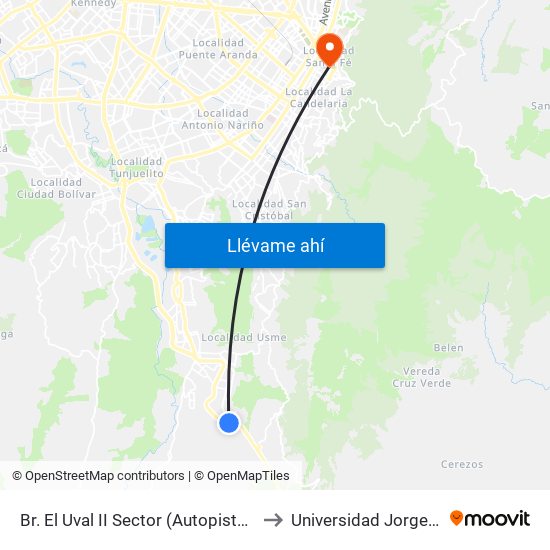 Br. El Uval II Sector (Autopista Al Llano - Kr 6b Este) to Universidad Jorge Tadeo Lozano map