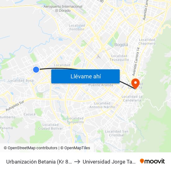 Urbanización Betania (Kr 87 - Cl 49 Sur) to Universidad Jorge Tadeo Lozano map