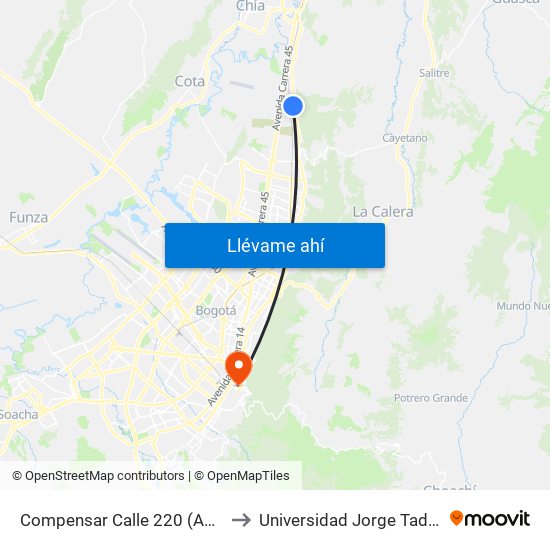 Compensar Calle 220 (Ak 7 - Cl 220) to Universidad Jorge Tadeo Lozano map