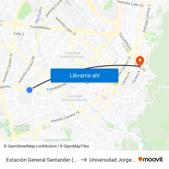Estación General Santander (Auto Sur - Kr 50 Bis A) to Universidad Jorge Tadeo Lozano map