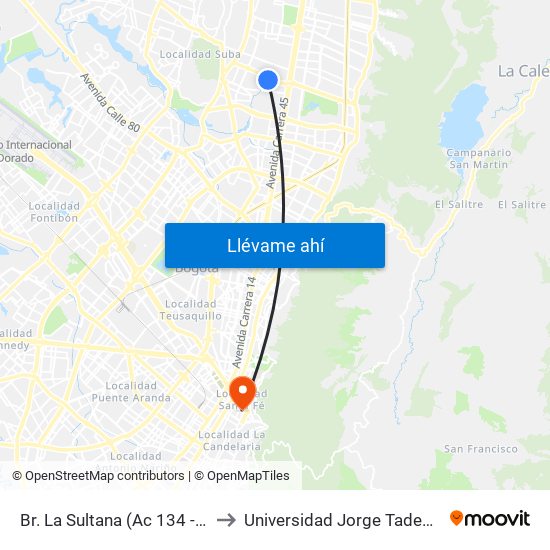 Br. La Sultana (Ac 134 - Kr 53b) to Universidad Jorge Tadeo Lozano map