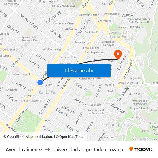 Avenida Jiménez to Universidad Jorge Tadeo Lozano map