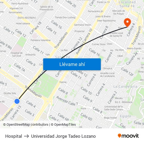 Hospital to Universidad Jorge Tadeo Lozano map