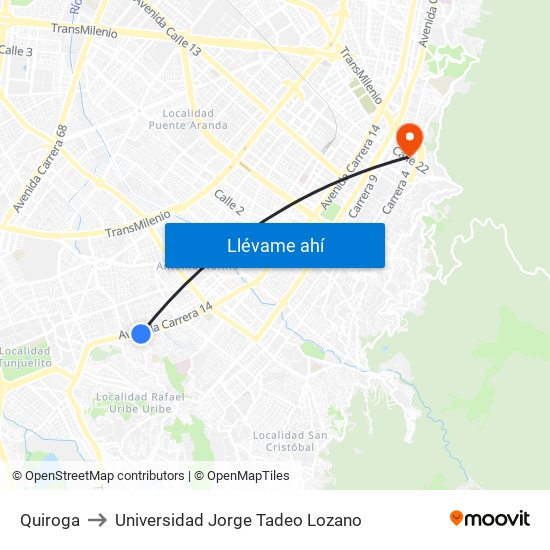 Quiroga to Universidad Jorge Tadeo Lozano map