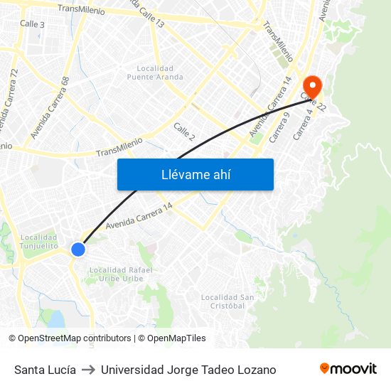 Santa Lucía to Universidad Jorge Tadeo Lozano map