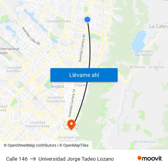 Calle 146 to Universidad Jorge Tadeo Lozano map