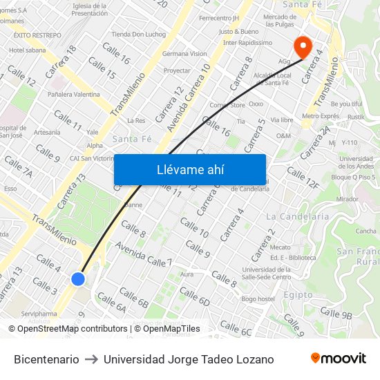 Bicentenario to Universidad Jorge Tadeo Lozano map